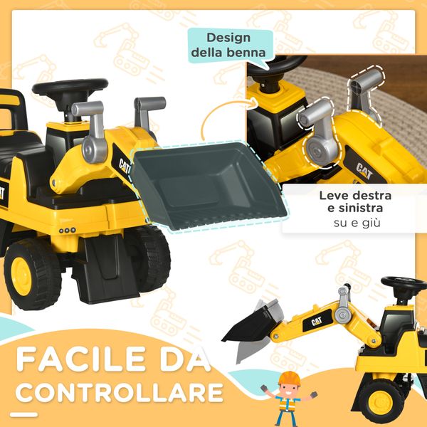 Ruspa giocattolo per bambini 18 e 36 mesi con escavatore e spazio portaoggetti, 78x29.5x54 cm, giallo e nero - 