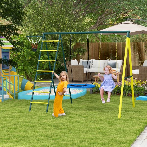 Set altalene da giardino rotonda e classica, scalette in acciaio e corda e canestro per bambini 3-8 anni - 