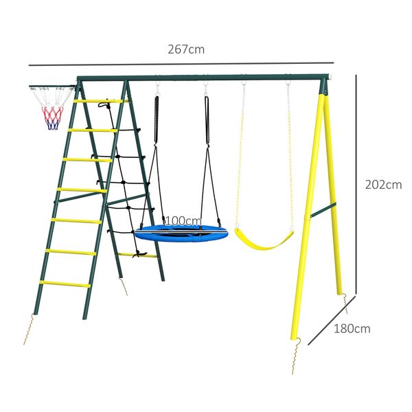 Set altalene da giardino rotonda e classica, scalette in acciaio e corda e canestro per bambini 3-8 anni - 