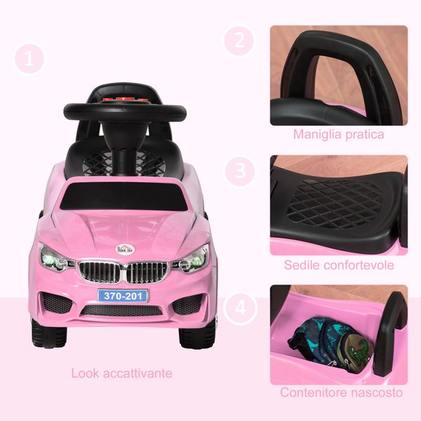 Macchinina per bambini cavalcabile con volante, macchina bambini con fari e musiche integrate, età 18-36 mesi, 63.5x28x36cm, rosa - 
