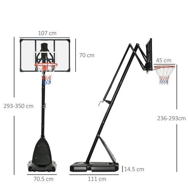 Canestro basket in acciaio, regolabile in altezza e portatile con tabellone e ruote, 107x70cm, nero e rosso - 