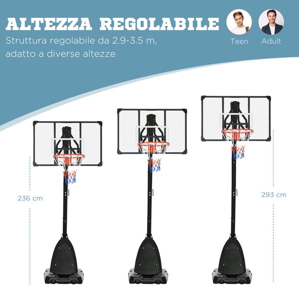 Canestro basket in acciaio, regolabile in altezza e portatile con tabellone e ruote, 107x70cm, nero e rosso - 