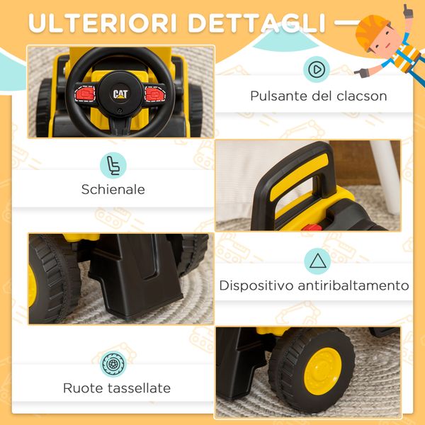 Ruspa giocattolo per bambini 18 e 36 mesi con escavatore e spazio portaoggetti, 78x29.5x54 cm, giallo e nero - 