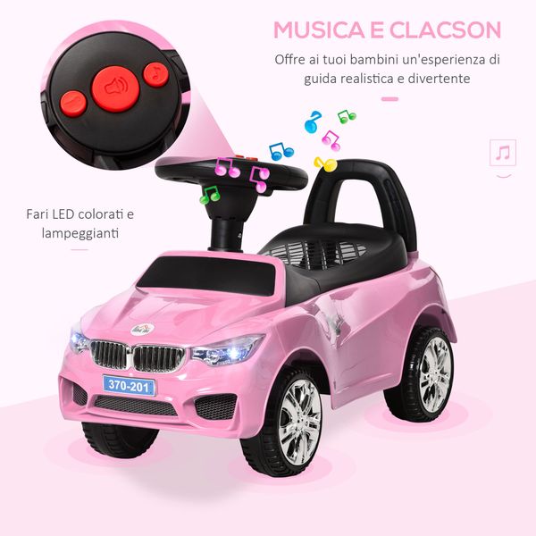 Macchinina per bambini cavalcabile con volante, macchina bambini con fari e musiche integrate, età 18-36 mesi, 63.5x28x36cm, rosa - 
