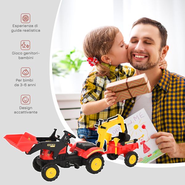 Ruspa giocattolo a pedali, escavatore cavalcabile per bambini con pale e volante, 179x42x59cm multicolore - 