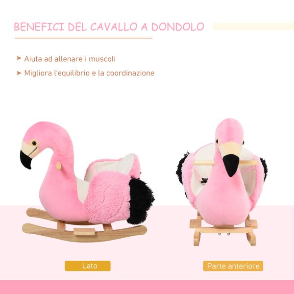 Cavallo a dondolo per bambini, fenicottero a dondolo per bambini dai 18 mesi in legno con cinture di sicurezza, rosa - 
