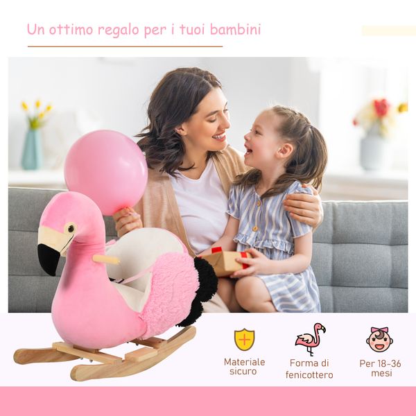 Cavallo a dondolo per bambini, fenicottero a dondolo per bambini dai 18 mesi in legno con cinture di sicurezza, rosa - 