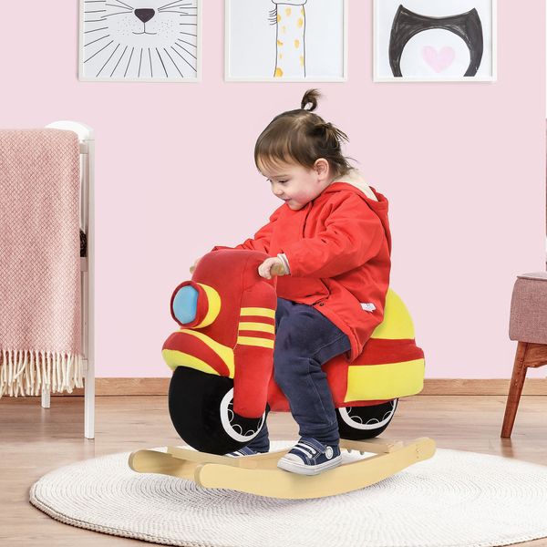 Cavallo a dondolo per bambini 18-36 mesi a forma di moto, per bambini cavalcabile in legno e peluche, suoni realistici, max. 40kg, rosso e giallo - 