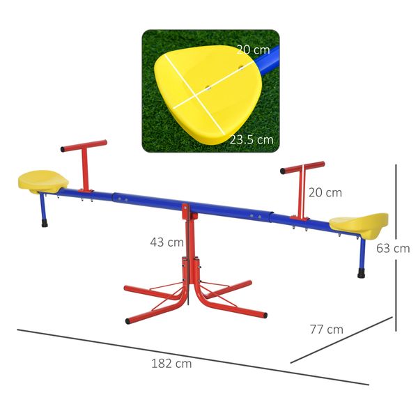 Altalena per bambini doppia a bilico girevole a 360° in metallo e pp, età 3-8 anni, 182x77x63cm multicolore - 