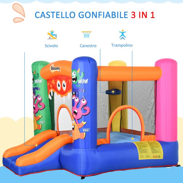 Casa gioco castello gonfiabile gigante per bambini 3-8 anni trampolino rimbalzante colorato con scivolo e canestro 250cmx180cmx175cm - 