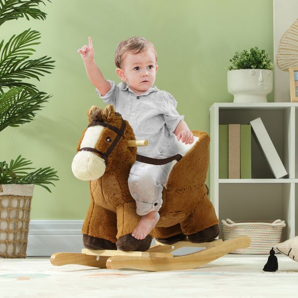 Cavallo a dondolo per bambini 18-36 mesi con suoni, base in legno e cintura di sicurezza, marrone - 