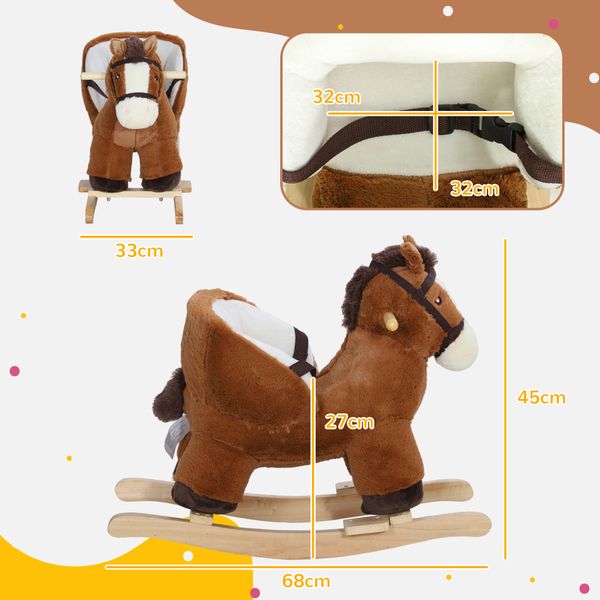 Cavallo a dondolo per bambini 18-36 mesi con suoni, base in legno e cintura di sicurezza, marrone - 
