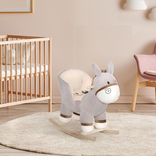 Cavallo a dondolo per bambini 18-36 mesi, cavalluccio a dondolo a forma di asino con suoni realistici in legno di pioppo e peluche, grigio - 