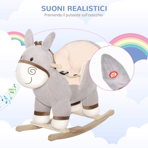 Cavallo a dondolo per bambini 18-36 mesi, cavalluccio a dondolo a forma di asino con suoni realistici in legno di pioppo e peluche, grigio - 
