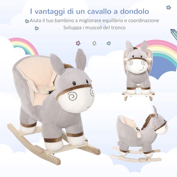 Cavallo a dondolo per bambini 18-36 mesi, cavalluccio a dondolo a forma di asino con suoni realistici in legno di pioppo e peluche, grigio - 