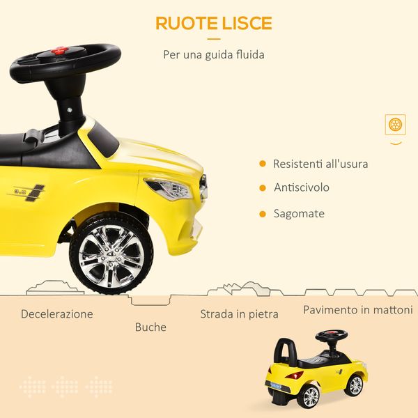 Macchinina per bambini cavalcabile con volante, macchina bambini con fari e musiche integrate, età 18-36 mesi, 63.5x28x36cm, giallo - 