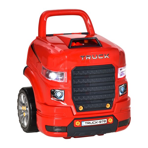 Officina camion giocattolo con motore e 61 accessori per bambini 3-5 anni, ruote e maniglia, 40x39x47cm, rosso - 