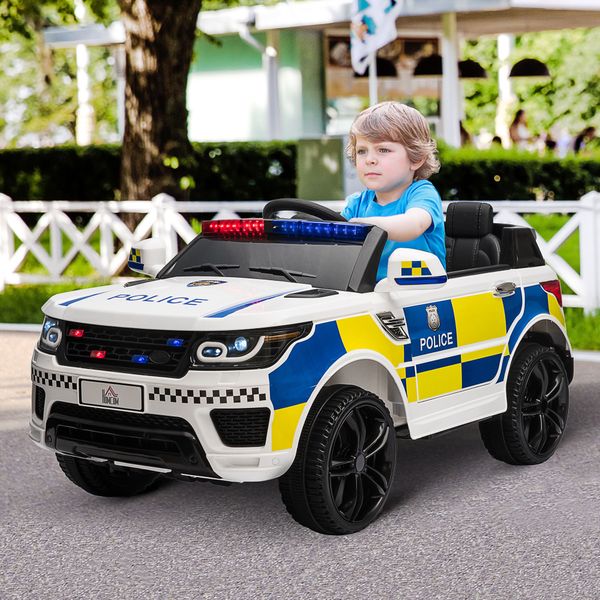 Macchina elettrica per bambini della polizia, batteria 12v e telecomando, sirena luci attacco usb per musica, 110x68x52cm, bianco - 