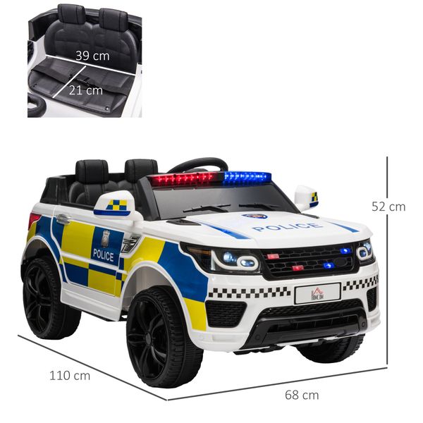 Macchina elettrica per bambini della polizia, batteria 12v e telecomando, sirena luci attacco usb per musica, 110x68x52cm, bianco - 