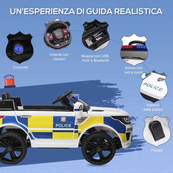 Macchina elettrica per bambini della polizia, batteria 12v e telecomando, sirena luci attacco usb per musica, 110x68x52cm, bianco - 