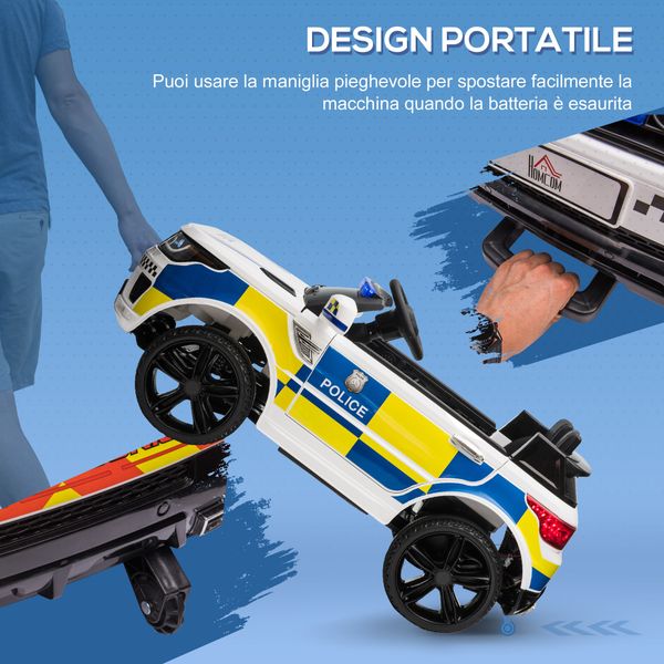 Macchina elettrica per bambini della polizia, batteria 12v e telecomando, sirena luci attacco usb per musica, 110x68x52cm, bianco - 