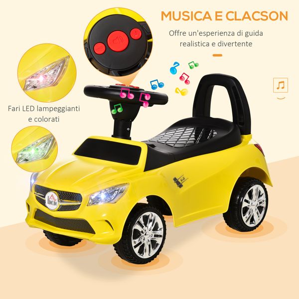 Macchinina per bambini cavalcabile con volante, macchina bambini con fari e musiche integrate, età 18-36 mesi, 63.5x28x36cm, giallo - 