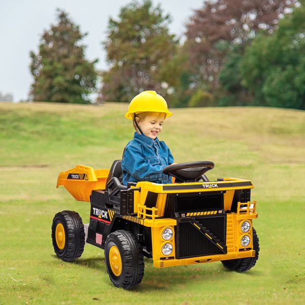 Camion per bambini 3-5 anni con motore 12v, macchina elettrica per bambini con musica e fari, giallo - 