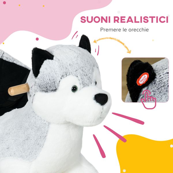 Cavallo a dondolo a forma di cane husky per bambini da 18-36 mesi, 60x33x50cm, grigio - 