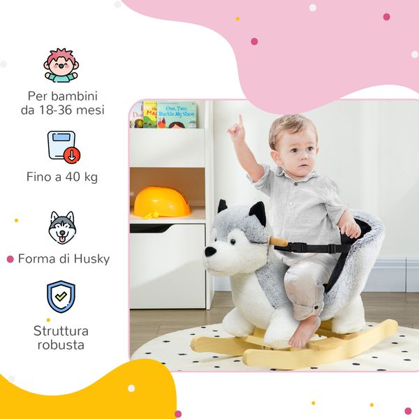 Cavallo a dondolo a forma di cane husky per bambini da 18-36 mesi, 60x33x50cm, grigio - 