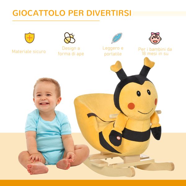 Animale a dondolo per bambini a forma di ape in legno di pioppo con musica, 60x33x45 cm, giallo e nero - 