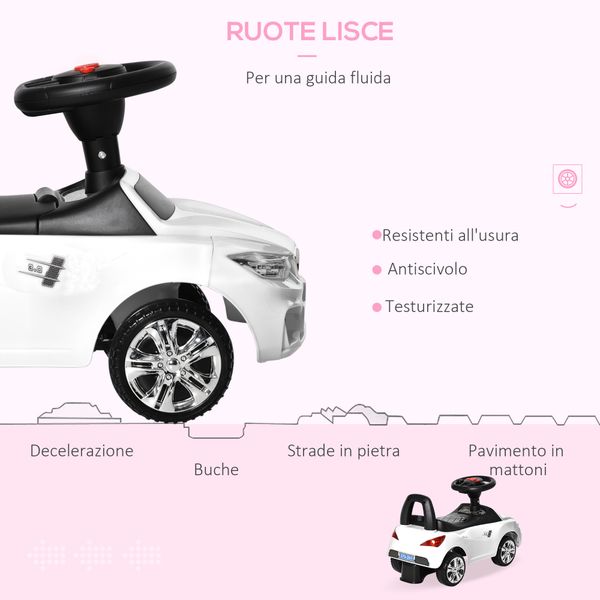Macchinina per bambini cavalcabile con volante, fari e musiche, età 18-36 mesi, bianco - 