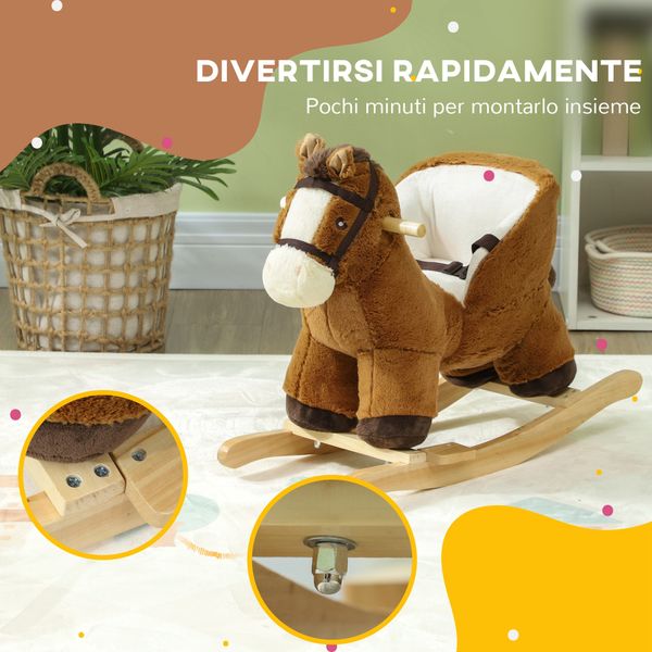 Cavallo a dondolo per bambini 18-36 mesi con suoni, base in legno e cintura di sicurezza, marrone - 