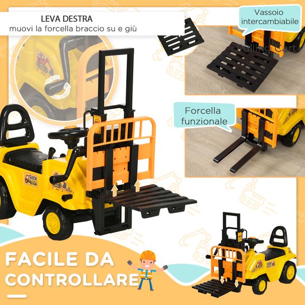 Trattore a pedali per bambini 3-4 anni con muletto e spazio portaoggetti, 86x27.5x47.5 cm, giallo e nero - 