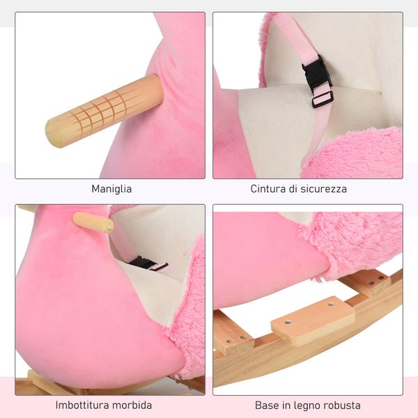 Cavallo a dondolo per bambini, fenicottero a dondolo per bambini dai 18 mesi in legno con cinture di sicurezza, rosa - 