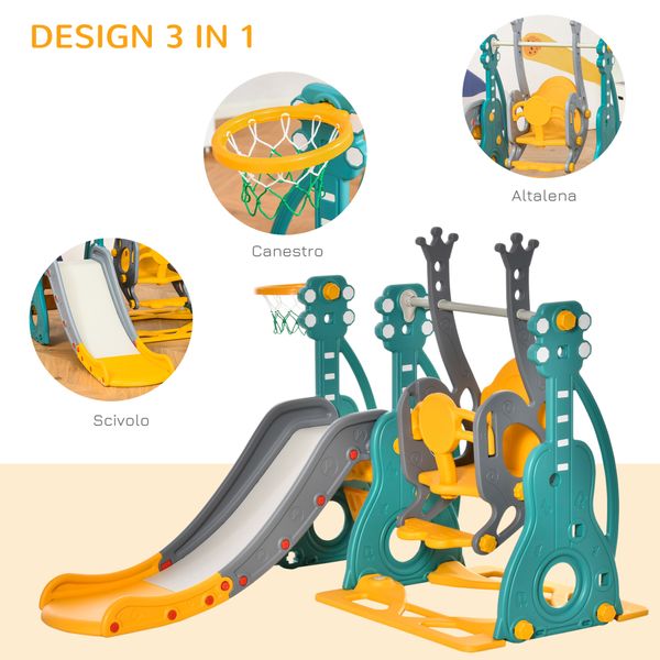 Scivolo 3 in 1 per bambini con altalena regolabile, canestro e palle per cameretta e giardino, 152x149x107cm, blu, grigio, giallo - 
