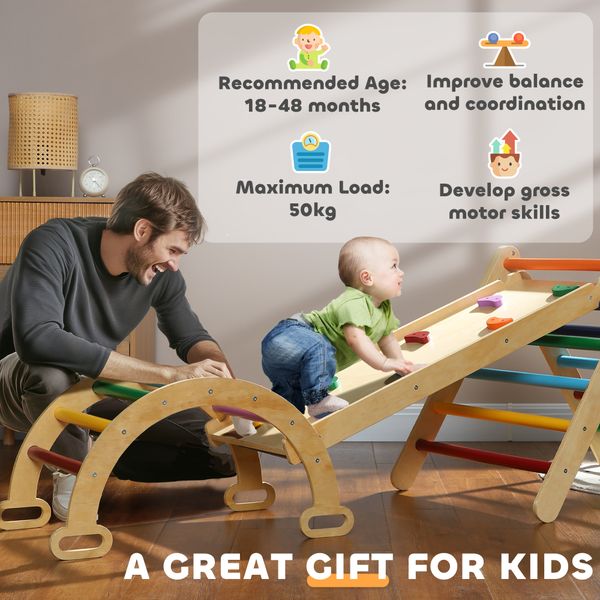Gioco arrampicata bambini con triangolo e arco montessori e rampa con pietre in legno di pino, 178x64.5x63 cm - 