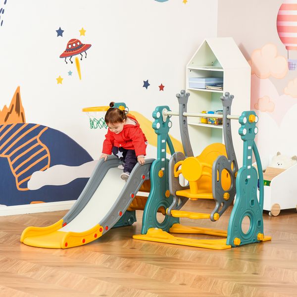 Scivolo 3 in 1 per bambini con altalena regolabile, canestro e palle per cameretta e giardino, 152x149x107cm, blu, grigio, giallo - 