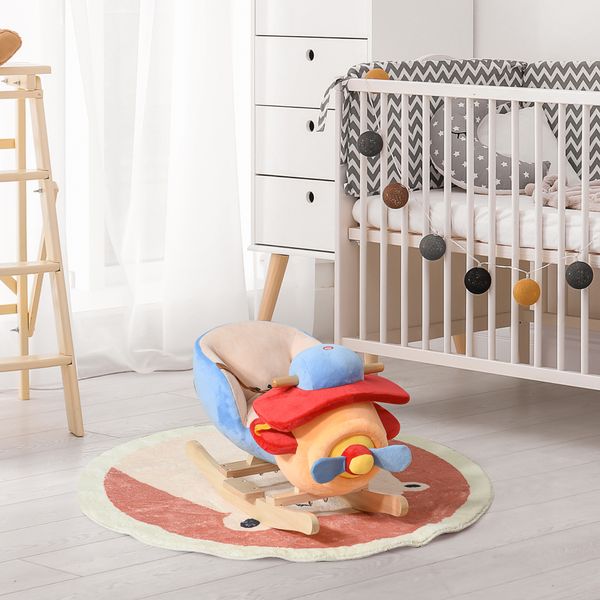 Cavallo a dondolo a forma di aeroplano per bambini di età superiore a 18 mesi, cacalluccio a dondolo con musica incorporata in legno alamo, 60x33x45cm - 
