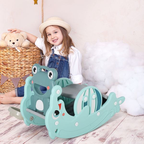 3-in-1 cavallo a dondolo scivolo per bambini e canestro, età 18-36 mesi, per casa e giardino, verde - 