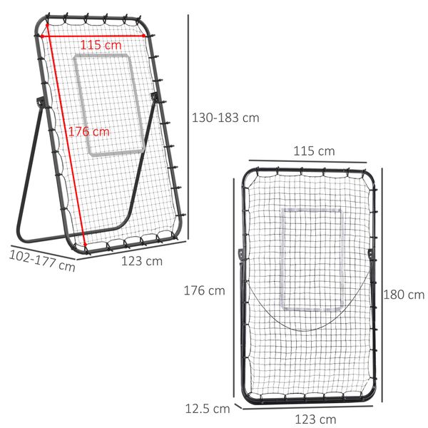 Rete da calcio rebounder pieghevole con bersaglio, altezza e angolazione regolabili, metallo e pe, 123x73x178.5cm, nero - 