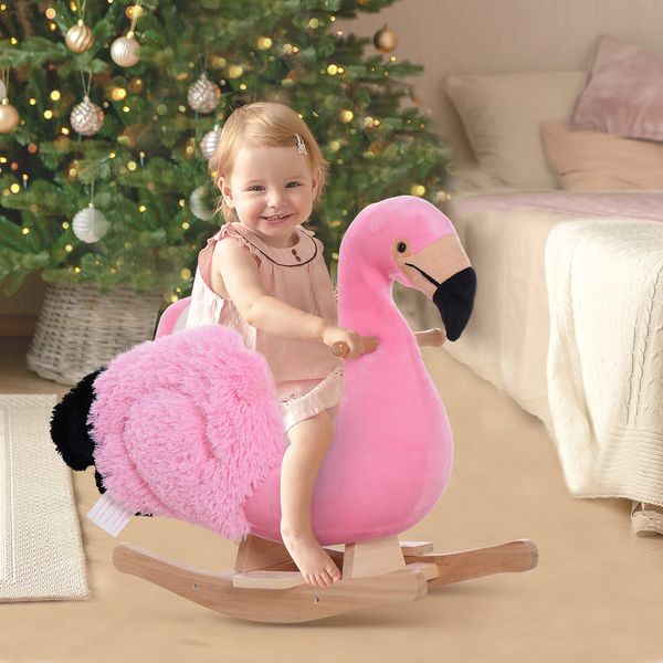 Cavallo a dondolo per bambini, fenicottero a dondolo per bambini dai 18 mesi in legno con cinture di sicurezza, rosa - 