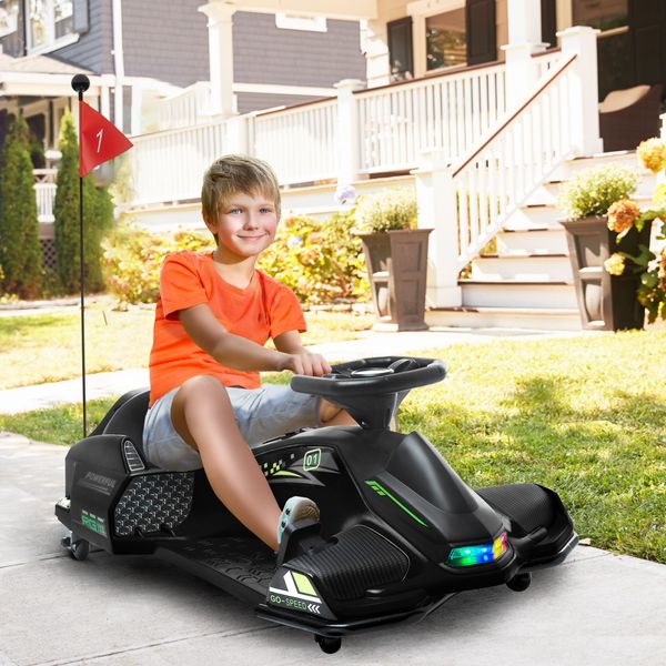 Go kart elettrico per bambini 8-12 anni velocità 3-8 km/h per drifting con luci e musica, nero - 