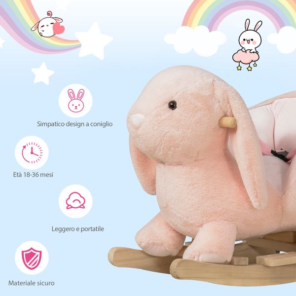 Cavallo a dondolo a forma di coniglio con suoni, cavalluccio a dondolo per bambini 18-36 mesi interattivo, rosa, 60x33x50cm - 