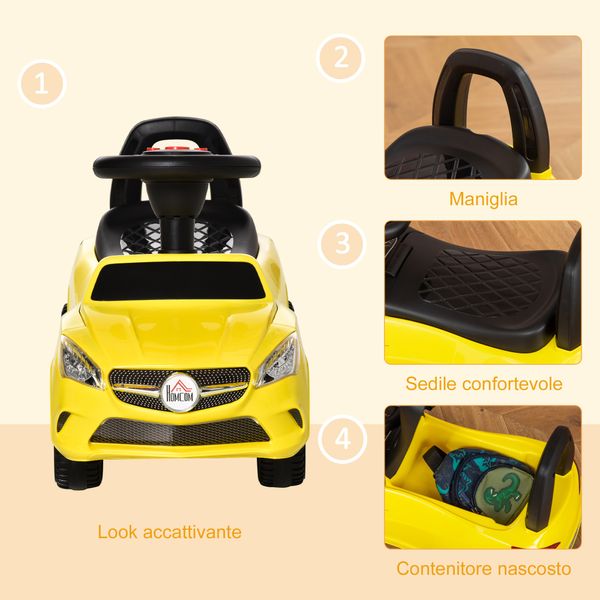 Macchinina per bambini cavalcabile con volante, macchina bambini con fari e musiche integrate, età 18-36 mesi, 63.5x28x36cm, giallo - 