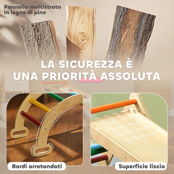 Gioco arrampicata bambini con triangolo e arco montessori e rampa con pietre in legno di pino, 178x64.5x63 cm - 