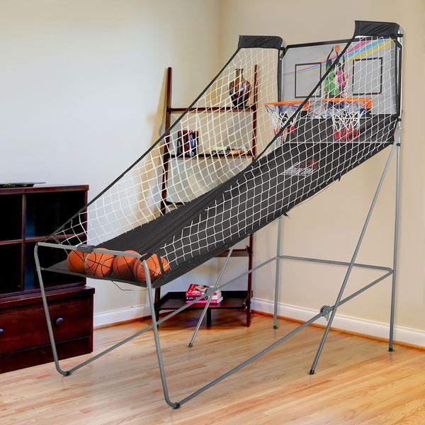 Canestri basket con tabellone led, 4 palloni e 8 modalità di gioco, 205x110x205 cm, bianco e nero - 