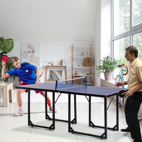 Tavolo da ping pong pieghevole e salvaspazio con rete da gioco per interno, in acciaio e mdf, 182x91x76cm, blu - 