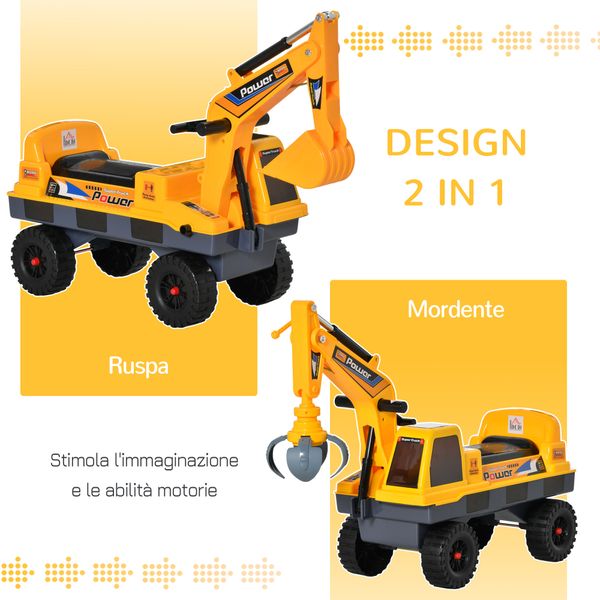 Ruspa giocattolo 2 in 1 con escavatore e mordente, vano nascosto, gioco cavalcabile bambini 2-3 anni, 90x28x58cm, giallo - 