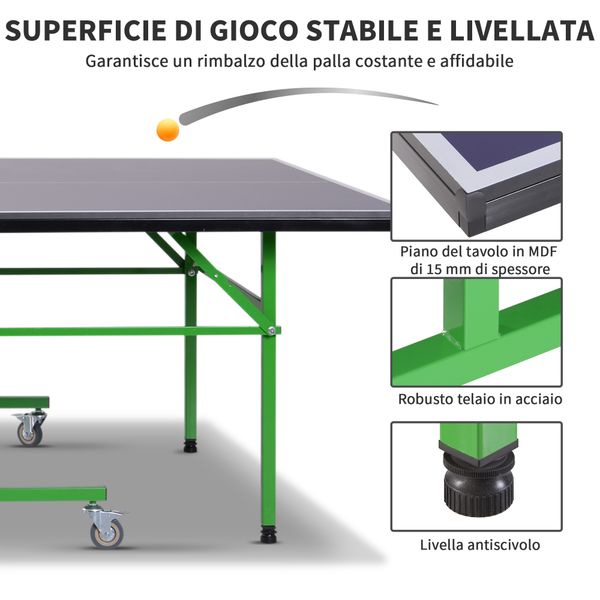 Tavolo da ping pong pieghevole interno con 8 ruote 152.5 × 274 × 76cm - 