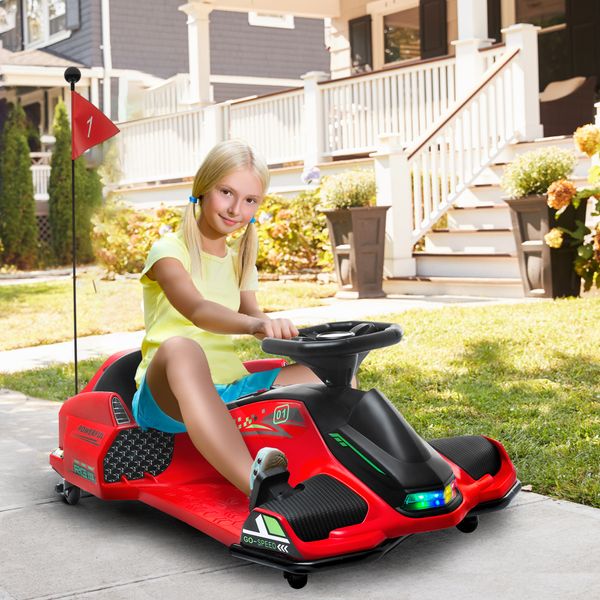 Go kart elettrico per bambini 8-12 anni velocità 3-8 km/h per drifting con luci e musica, rosso - 